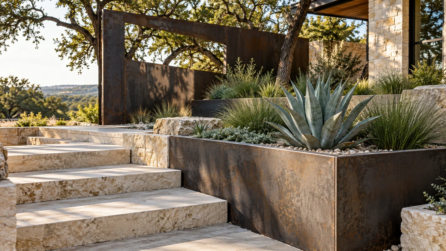 Limestone steps beside fabricated steel plate planters and an architectural steel panel