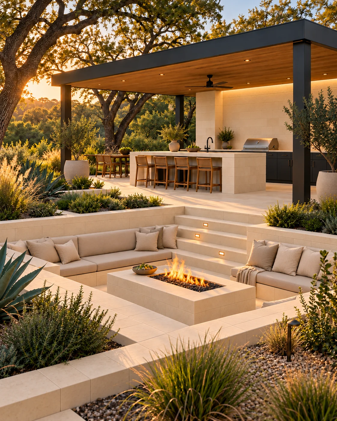 A sunken firepit lounge with a modern covered outdoor kitchen behind it